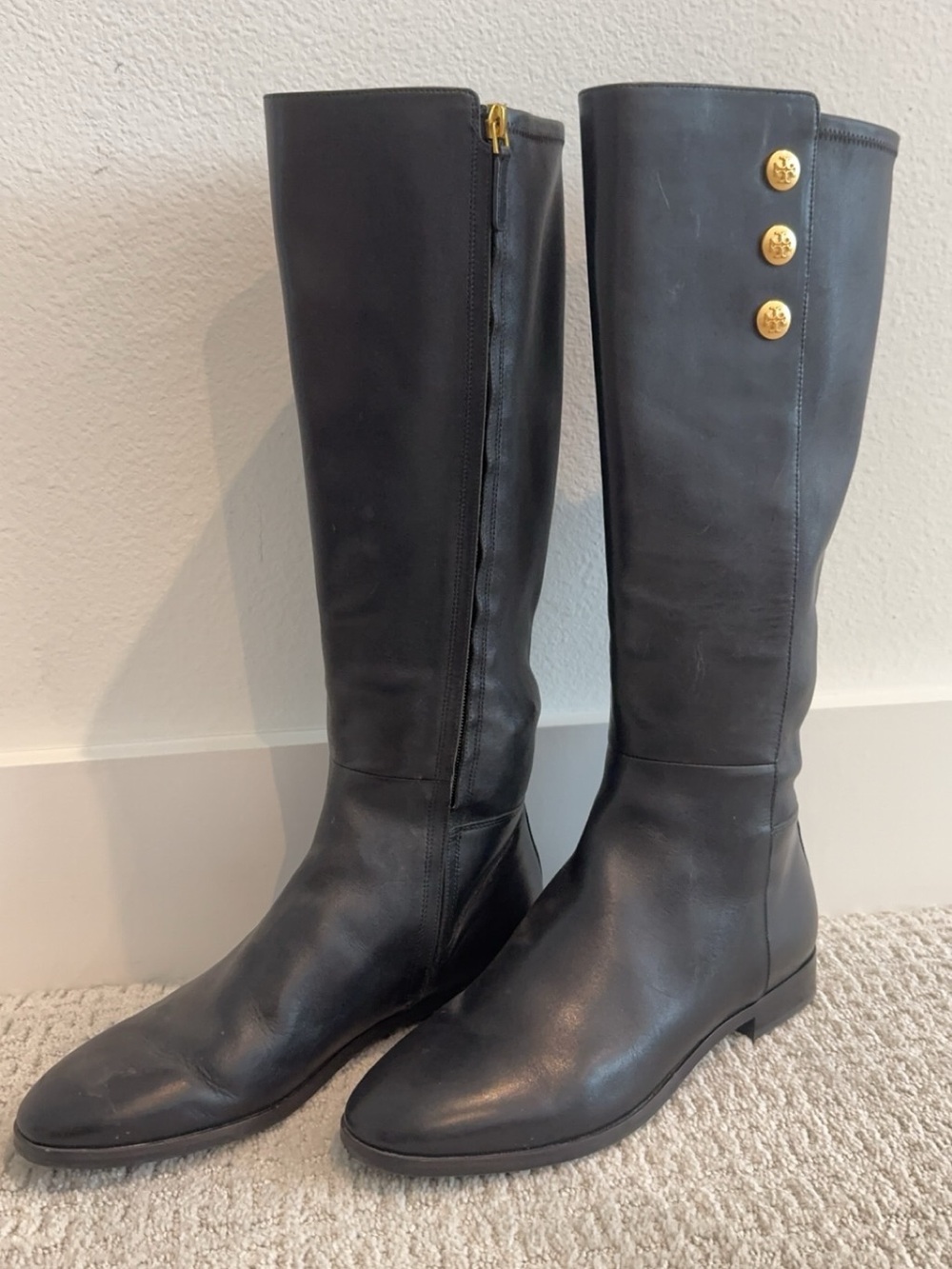 Tory Burch Naomi Black Leather Knee-High Riding Boots with Gold Button Detail